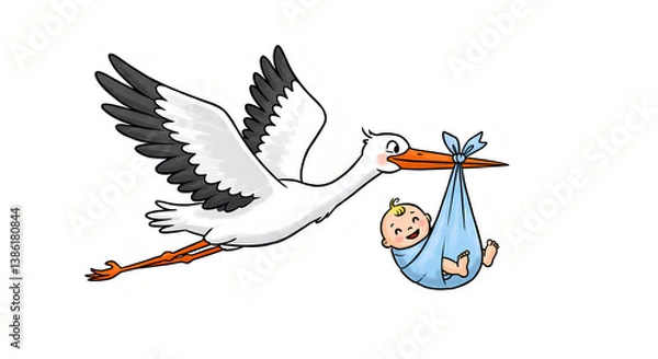 Fototapeta Whimsical Illustration of a Stork Flying Through the Sky, Carrying a Baby Wrapped in a Cloth Bundle, with Soft Colors and a Heartwarming Atmosphere of Baby Arrival