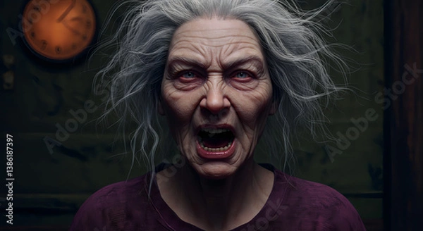 Fototapeta Terrifying scene of an old woman screaming, captured in a horror movie style, with dramatic lighting and intense expression, evoking fear and suspense