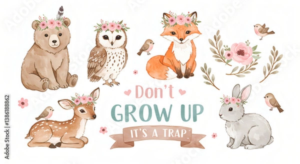 Fototapeta Watercolor animal collection featuring a fox, deer, raccoon, and owl in a soft hand-painted style, with forest wildlife theme and gentle natural colors