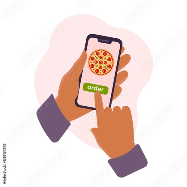 Fototapeta Hands with phone choosing pizza. Order fast food with mobile app. Delivery pizza service. Flat vector illustration isolated on white background.