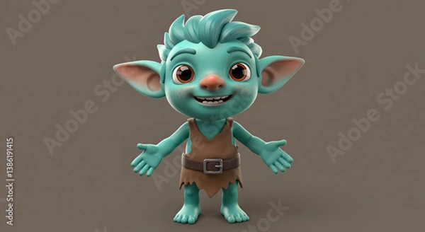 Fototapeta Adorable 3D cartoon goblin character with big eyes and spiky teal hair, wearing a tattered brown outfit and smiling cheerfully with open arms – fantasy creature design on dark background