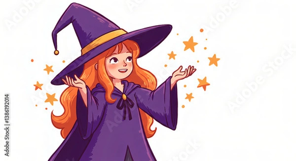 Fototapeta Whimsical Illustration of a Little Witch Casting a Spell with a Magic Wand, Surrounded by Sparkles and Magical Elements in a Fantasy Halloween Scene