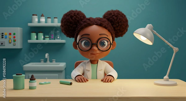 Fototapeta 3D Illustration of a Dark-Skinned Girl with Pigtails Sitting at a Desk in an Office, Wearing a Lab Coat and Preparing to Study or Conduct Research