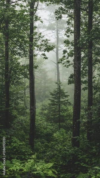 Fototapeta a foggy forest with trees in the woods 