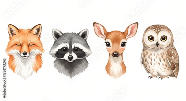Fototapeta Watercolor animal collection featuring a fox, deer, raccoon, and owl in a soft hand-painted style, with forest wildlife theme and gentle natural colors