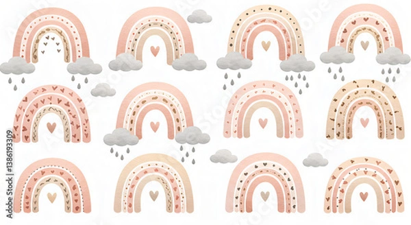 Fototapeta Different Pink Rainbows with Fluffy Clouds on a White Background, Soft Pastel Tones and Dreamy Atmosphere, Ideal for Fantasy and Decorative Art
