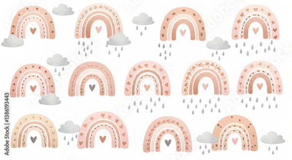 Fototapeta Different Pink Rainbows with Fluffy Clouds on a White Background, Soft Pastel Tones and Dreamy Atmosphere, Ideal for Fantasy and Decorative Art