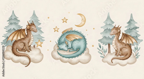 Fototapeta Cute Watercolor Baby Dragons Sleeping or Getting Ready for Bed on Clouds – Set of Three Adorable Fantasy Creatures in Pastel Sky