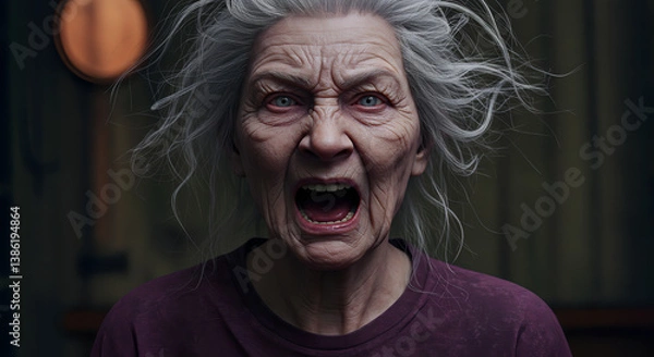 Fototapeta Terrifying scene of an old woman screaming, captured in a horror movie style, with dramatic lighting and intense expression, evoking fear and suspense