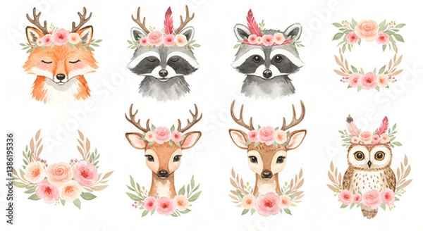 Fototapeta Watercolor animal collection featuring a fox, deer, raccoon, and owl in a soft hand-painted style, with forest wildlife theme and gentle natural colors