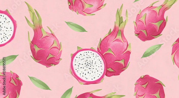 Fototapeta Colorful illustration of a whole and sliced dragon fruit on a pink background, featuring vibrant tropical colors and a fresh exotic feel