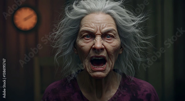 Fototapeta Terrifying scene of an old woman screaming, captured in a horror movie style, with dramatic lighting and intense expression, evoking fear and suspense