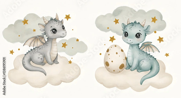 Fototapeta Illustration of cute little dragons in playful poses, featuring colorful fantasy creatures with adorable expressions, perfect for children's themes and whimsical designs