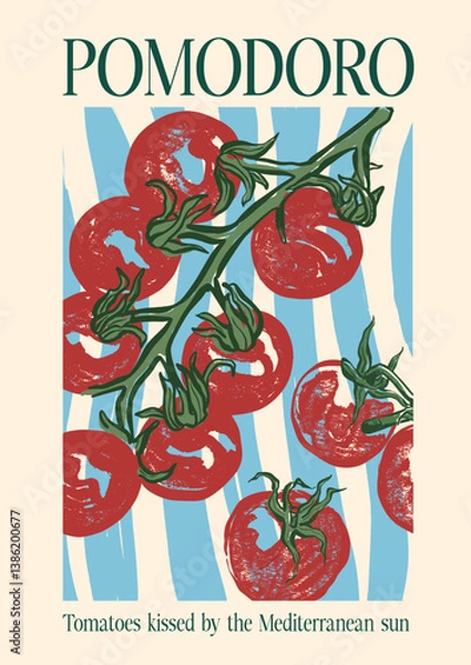 Fototapeta Vector poster with Mediterranean tomatoes and short phrase. Hand-drawn card isolated on white and blue background. Tasty food for design, print, fabric or background.
