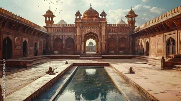 Fototapeta A historical portrait scene featuring elements of Mughal architecture