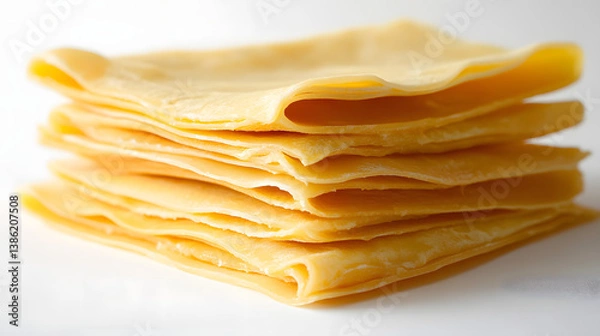 Fototapeta Lasagna sheets slightly overlapped, arranged in a neat row on a white surface, capturing the fine texture and golden hue of each sheet.