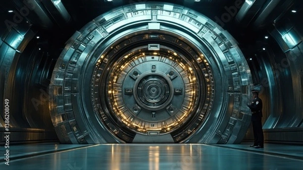 Obraz Secure Vault Door with Futuristic Design and Guard Ideal for Security Technology and SciFi