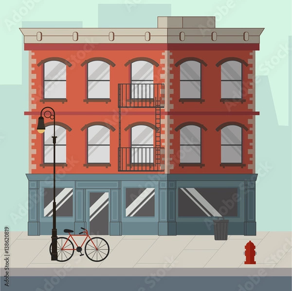 Fototapeta Red apartment building with a shop in the ground floor. Flat vector illustration.