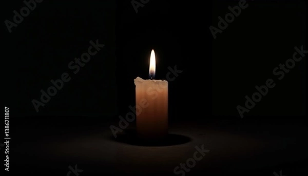 Fototapeta Single burning candle illuminating darkness with soft glow against a black background
