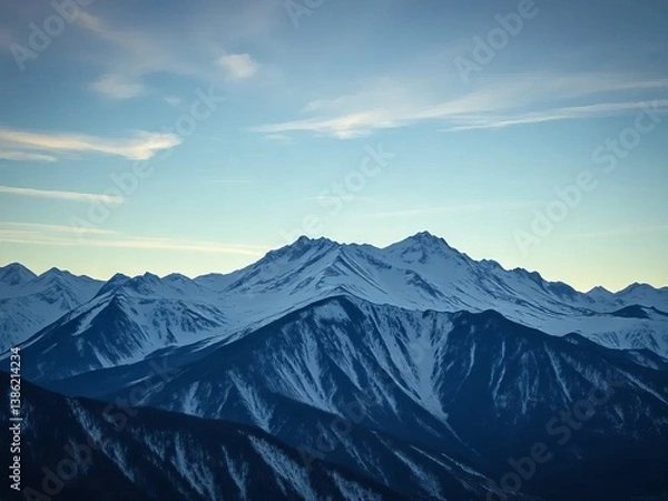 Obraz Majestic snow-capped mountains at dusk beneath a serene blue sky: a tranquil winter landscape