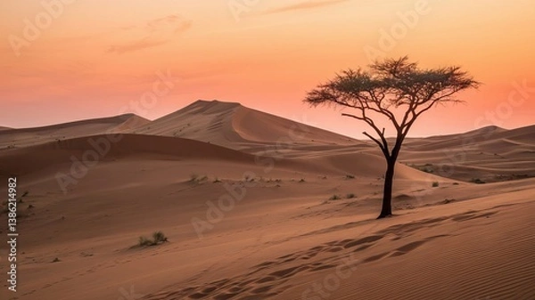 Obraz Solitary Resilient Tree Standing Amidst Majestic Desert Dunes, Illuminated by Warm Golden Sunset, Capturing the Stark Beauty and Serene Atmosphere of the Vast Arid Landscape