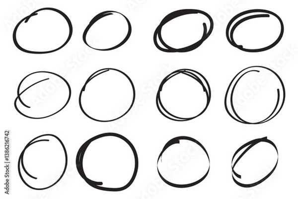 Obraz Hand drawn circle line sketch set. Circular vector image. Hand drawn circle with doodle patterns. Vector brush strokes circles of paint on white background.