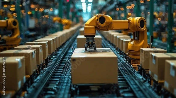 Fototapeta Automated robotic arm moving boxes on a conveyor belt in a warehouse.