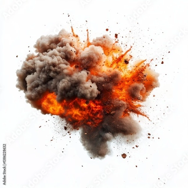Fototapeta Dramatic Explosion with Fire and Smoke Isolated on White Background