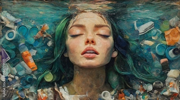 Obraz  Surreal Portrait of Young Caucasian Woman with Green Hair Drowning in Ocean of Plastic for Environmental Campaigns, Climate Change Awareness and Eco Activism Projects in Blue and Orange Tones