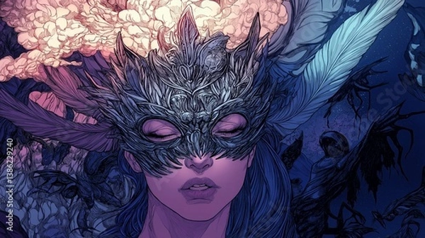 Obraz Fantasy Illustration of Woman in Intricate Feather Mask with Eyes Closed Surrounded by Dark Creatures for Book Covers, Gothic Fantasy Posters, and Dreamscape Concepts in Violet and Midnight Blue Tones