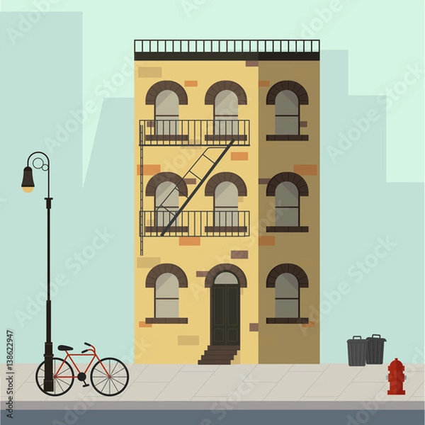 Fototapeta Small apartment building with stairs to the main door. Flat vector illustration.
