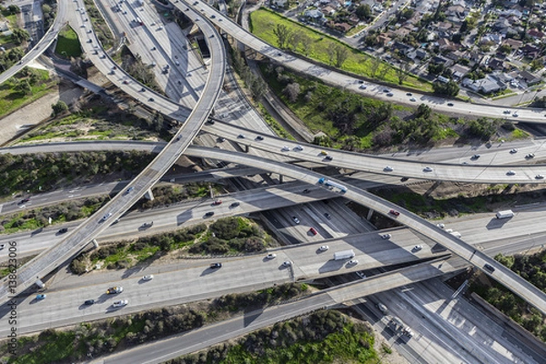 Fototapeta Aerial view of freeway routes 5 and 118 ramps in the San Fernando Valley area of Los Angeles, California.