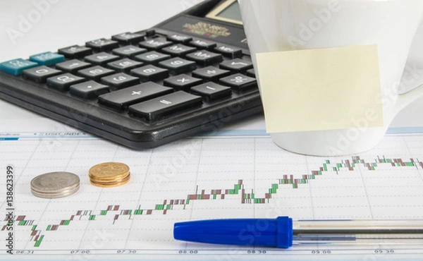 Fototapeta Finance chart calculator money pen and cup of coffee with an empty space for writing