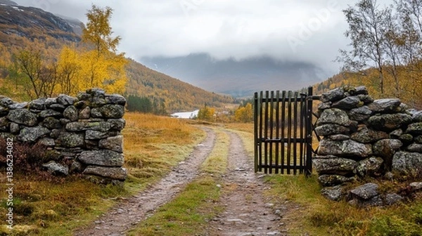 Obraz Autumn landscape scenic view of gate and stone wall in rural area for travel and nature photography