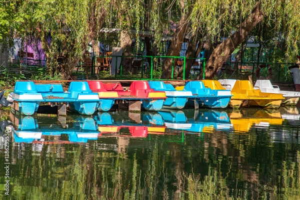 Fototapeta Beautiful view of moored pedal boats and a tropical forest
