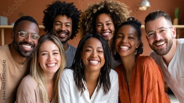 Fototapeta diverse and inclusive team of office colleagues, beaming with joy, team-building workshop