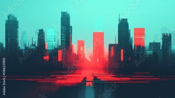 Obraz Futuristic City Skyline with Glowing Data Overlay and Neon Hues