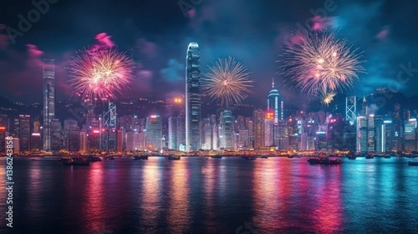 Fototapeta Spectacular Fireworks Display over Hong Kong's Vibrant Skyline at Night