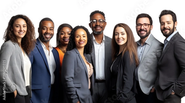 Fototapeta The image of a cohesive business team, unity in diversity, a dynamic workforce, a team of diverse professionals, a blend of cultures, a picture of business success, on a transparent backgrounds