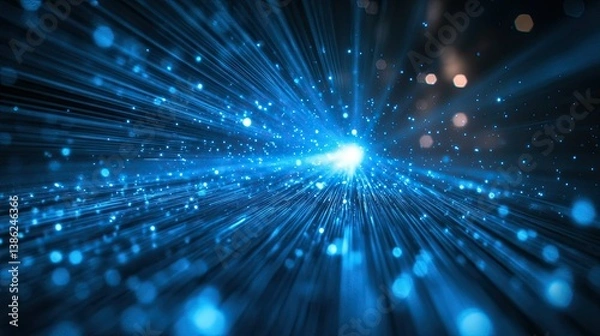 Obraz A blue light beam rises from a dark background, with light streaks radiating outwards, symbolizing energy. --ar 16:9 --style raw --stylize 250 --v 6.1 Job ID: e4465d88-7c09-4712-a92f-72ef5e43e42c