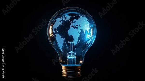 Obraz A blue lightbulb with a world map inside glows brightly against a stark black backdrop. --ar 16:9 --style raw --stylize 250 --v 6.1 Job ID: 073dd6ae-4074-4851-bc6a-35c22c3d99be