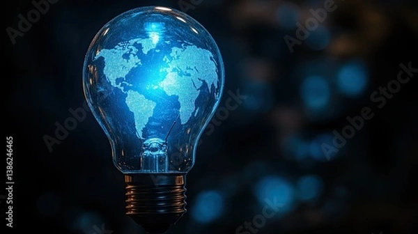 Obraz A blue lightbulb with a world map inside glows brightly against a stark black backdrop. --ar 16:9 --style raw --stylize 250 --v 6.1 Job ID: 073dd6ae-4074-4851-bc6a-35c22c3d99be