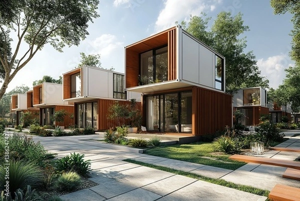 Obraz Modern container homes offer unique architecture with green surroundings, blending nature and contemporary design.