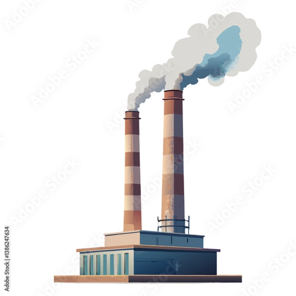 Obraz  Vector illustration of a factory chimney emitting smoke, minimal style, isolated on white background.
