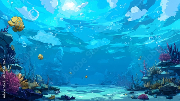Fototapeta Seamless cartoon sea landscape, vector unending background with separated layers for game.