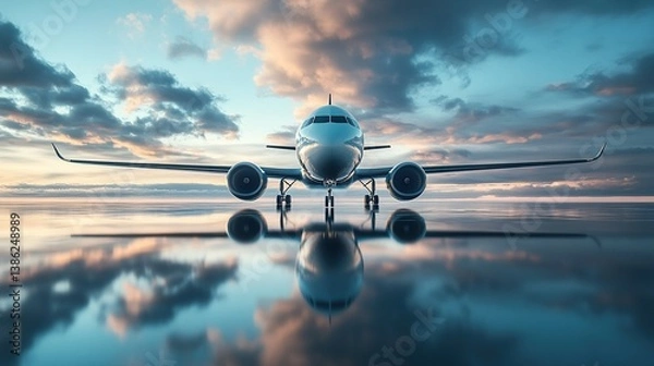 Obraz Airplane at dusk reflected in the water on the ground with colorful sky and scattered clouds.