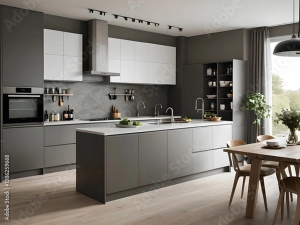 Obraz Wallpaper depicting a modern, very functional and spacious kitchen.