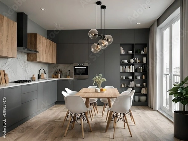 Obraz Wallpaper depicting a modern, very functional and spacious kitchen.