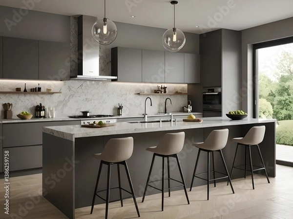 Obraz Wallpaper depicting a modern, very functional and spacious kitchen.