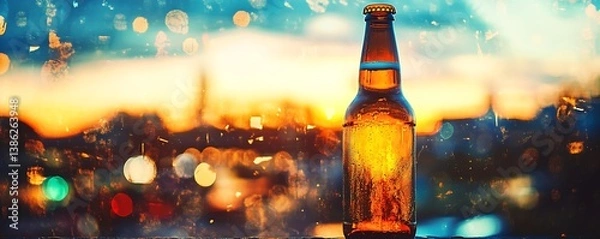 Fototapeta Surreal double exposure blending craft beer with vibrant sunsets, city lights, and abstract landscapes.